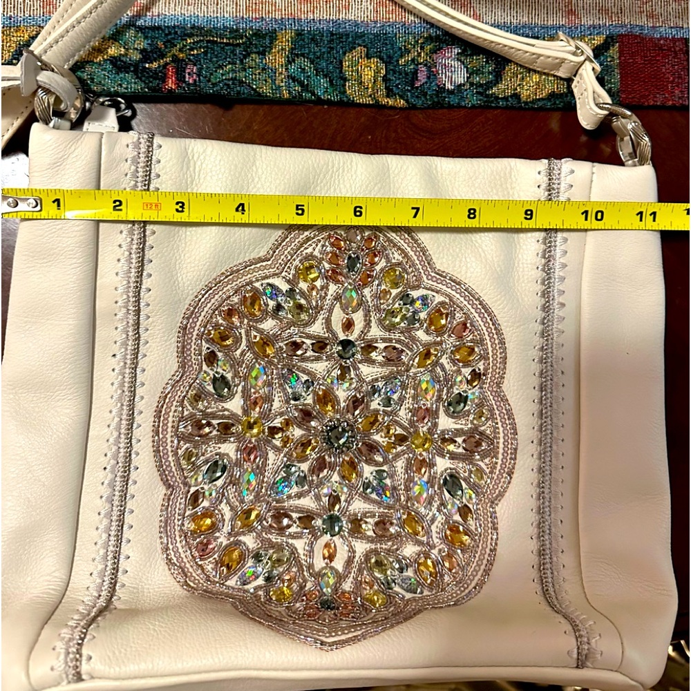 Vintage Brighton bling design white leather bag w/strap. Like new. 11" by 10"